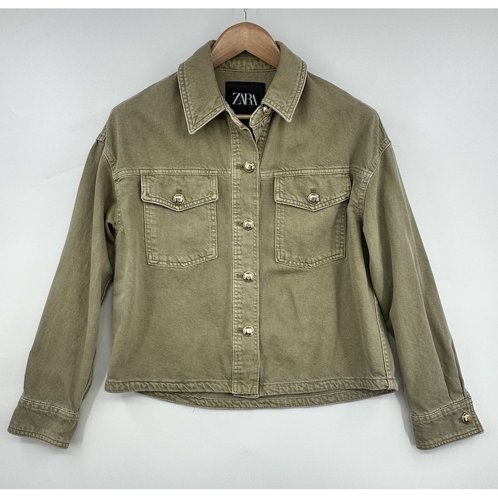 Zara Cropped Denim Utility Jacket Women's XS Green Ecru Gold Tone Buttons